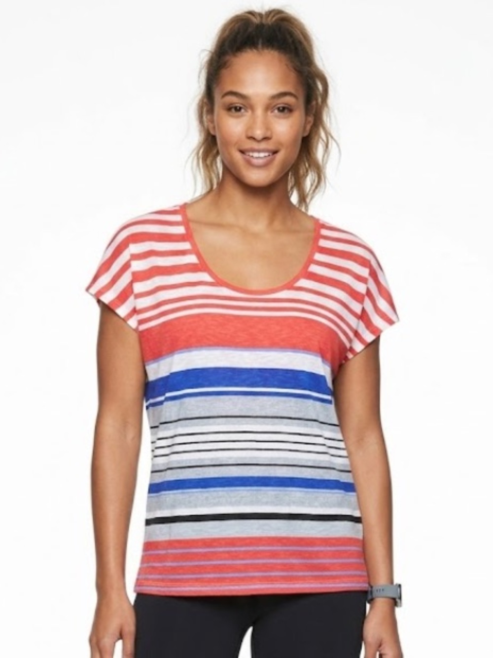 Athleta Red, Blue & White Striped Scoop Neck Tee (Size- M)